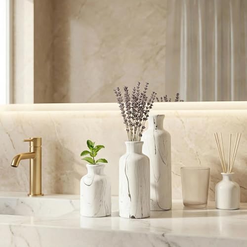 Modern Ceramic Flower Vase Set of 3, Minimalist Vase for Home Decor, Decorative Vase for Table Entryway Mantel Centerpiece Living Room Bathroom Bedroom (White Gray Marble) - color: 104-white Gray Marble
