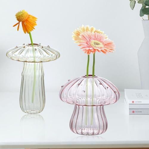 Glass Mushroom Vase, Mini Mushroom Vase, Flower vase, Creative Mushroom Glass Vase Plant Hydroponic Art Plant Table Vase (4 Color)