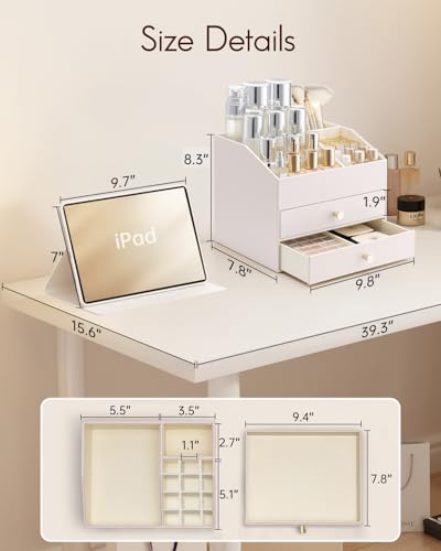 Vlando Makeup Organizer,Skincare Organizer for Vanity，PU Leather Make up Organizer with Drawers Cosmetic Display Case for Countertop,Perfume,Gifts Ideas for Women (Apricot White) - color: 3 layers-Apricot White