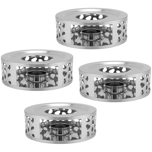 4 PCS Teapot Warmer, Stainless Steel Teapot Warmer, Metal Teapot Heater with Tealight Candle Holder, Brushed Coffee Tea Warmer Base for Glass or Ceramic Teapot, Silver