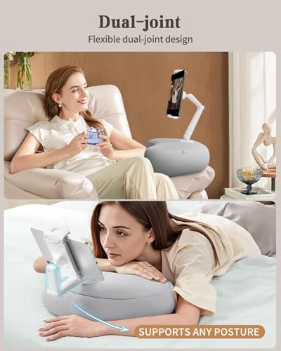 SAIJI Tablet Pillow Stand for Bed – iPad & Kindle Holder with Flexible Dual Axis Arm & Microbead Cushion, 360° Adjustable Lap Beanbag Phone Holder Fits Devices with 4.7"–15.6" Screens (Gray) - color: Gray