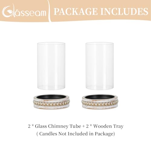 Glasseam Hurricane Glass Candle Holders, Rustic Pillar Candle Holder Set of 2, Farmhouse Candle Holders for Table, Cylinder Candle Holder with Beaded Candle Plates for Dining Living Room Decorations