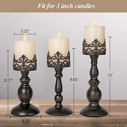 Distressed Black Candle Holders for Pillar Candles Set of 3, Vintage Crown Candle Stands for Table Centerpiece Decor, Tall Antique Metal Candle Holder Set for Fireplace Decoration, Ideal Gift - color: Distressed Black