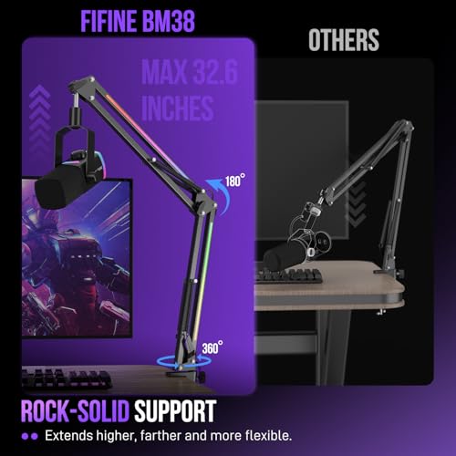 FIFINE Microphone Boom Arm, Metal Adjustable Mic Arm Stand with RGB Control, 3/8” to 5/8” Screw Adapter, Desk Mount Clamp, Suspension Scissor Mic Stand for Gaming Streaming Podcast-AmpliGame BM38 - color: Black, size: BM38（with RGB Effects)