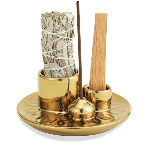 Handmade Ceramic Incense Burner for Palo Santo Incense Sticks, 4 in 1 Multi-Purpose Sage Holder for Burning, Ash Catcher Tray for Meditation Yoga Room (Golden) - color: Golden