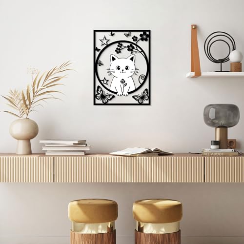 GlintHome Large Metal Wall Art - Cat Decor Flower and Butterflies Wall Sculptures for Bathroom Bedroom Living Room Kitchen Office Garden Home Wall Decoration - 11x14 Inches - color: Black-1, size: Small