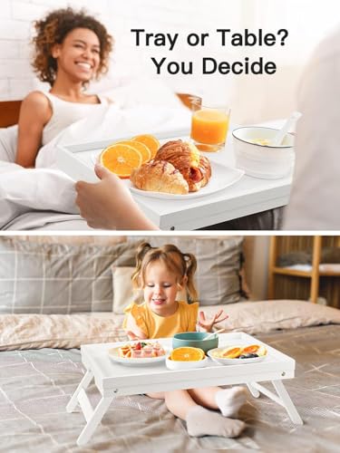 Bamboo Bed Tray for Breakfast, Snack Table with Folding Legs for Eating, Sofa, Couch, Working by Pipishell (White) - color: White, size: 16.3" x 11.8" x 6"