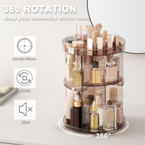 360 Rotating Makeup Organizer with Lipstick Slots, DIY 8 Adjustable Height Spinning Skincare Organizers, Brush and Perfume Storage Carousel, Cosmetic Display Case for Vanity Bathroom Countertop - color: Slot Top Coffee