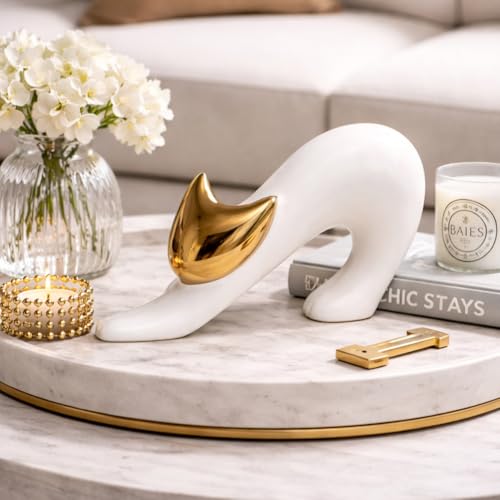 Cat Statues Home Decor White Ceramic Cat Figurine, Gold Cat Figurine Accent, Modern Cat Sculpture 7.9in, Desk Cat Statue for Office Shelf - size: 4.7in