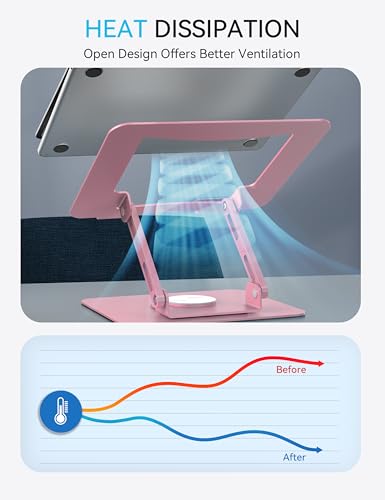 SOUNDANCE 360 Rotating Laptop Stand, Ergonomic Computer Riser for Desk, Adjustable Height Multi-Angle Metal Holder, Foldable Portable Notebook Elevating Base for Office & Home, Pink - color: Pink