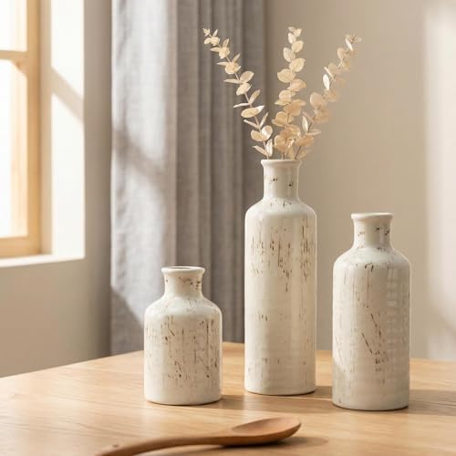 Vintage Ceramic Flower Vase Set of 3, Rustic Farmhouse Vase for Home Decor, Distressed Decorative Vase for Table Entryway Mantel Centerpiece Living Room Bathroom Bedroom (Cream Stripe) - color: 113-cream Stripe