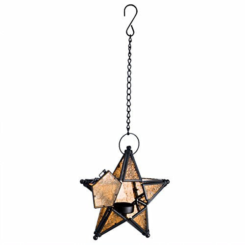 Morocco Metal Star Glass Lantern Wall Hanging Candle Holder for Decorative Wedding Party Home Decoration Birthday Party (Yellow) - color: Yellow