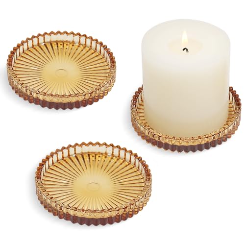 Glass Pillar Candle Holder, 4" Amber Candle Plates Set of 3, Glass Candle Holders for Wedding, Party, Holiday, Home Decor, Table Centerpiece - color: Amber, size: 3 pcs