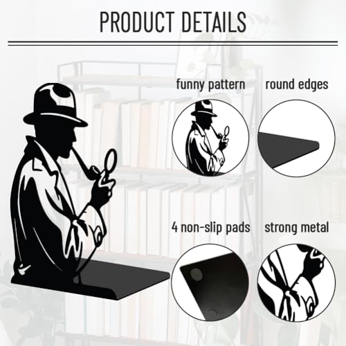 WADORN 1 Pair Detective Themed Metal Decorative Bookend for Shelves, Heavy Duty Book Ends Modern Non-Skid Books Holder Stand Black Book Support Stoppers for Desk Bookshelf Office, 5.3x4.3x7.8 Inch - color: Detective Theme