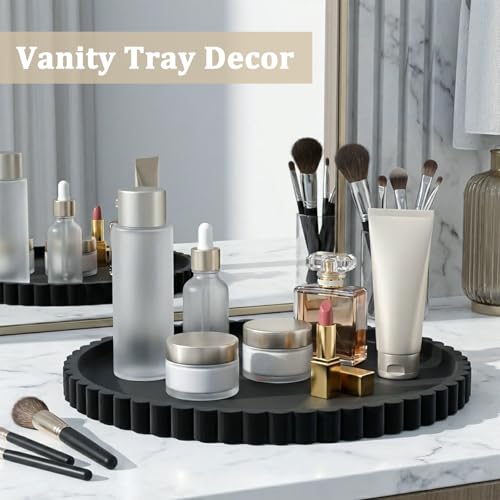 Silicone Bathroom Vanity Tray, Modern Round Decorative Tray for Countertop, Waterproof & Unbreakable Cosmetic Perfume Organizer, Extra-Thick & Sturdy, Easy to Clean Candle Tray (Black, 10 inch) - color: Black, size: 10"