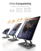 Orlian Tablet Stand Holder with Thickened 360°Rotating Base Dual Rod Adjustable Aluminum Stand for All 5.8-12.9” iPad Samsung Phone Tablet Kindle E-Reader and More, Black - color: Black