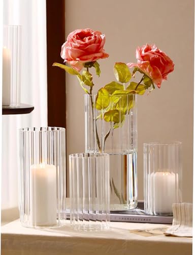 PHOSPHOR 24 Pcs Hurricane Candle Holders for Pillar Candle 6'', 8'', 10'' Tall Glass Cylinder Centerpieces Vases Floral - color: Striped Glass 24 Pcs