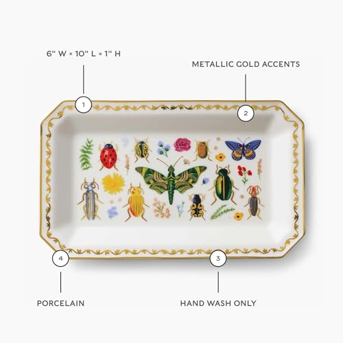 RIFLE PAPER CO. Curio Large Catchall Tray - Porcelain Storage Tray, Colored Illustrations and Metallic Gold Accents, 10" L x 6" W x 1" H, Perfect for Trinkets, Keys, Mail, and Jewelry - color: Curio