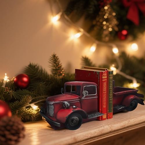 Decorative Book Ends Vintage Bookends: Metal Truck Book Stopper for Heavy Books - Farmhouse Decor for Shelf Table Coffee Bar Office Home - Gift for Adults Men Teen (Vintage Red) - color: Vintage Red