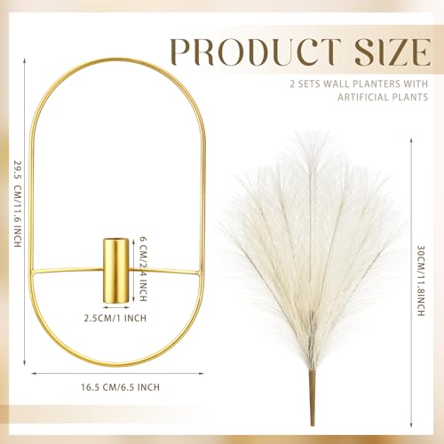 Peryiter 2 Pcs Boho Wall Decor Metal Gold Wall Art Hanging Planters with Artificial Pampas Modern Home Decor Display Art for Living Room Bedroom Bathroom(Oval) - style: Oval