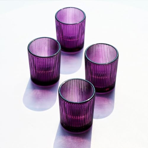 VOHO 12pcs Purple Votive Candle Holders for Christmas Holiday Decorations, Vintage Glass Votive Candle Holder for Coffee Table Centerpiece, Ribbed Tealight Candle Holder for Birthday Gifts - color: Purple