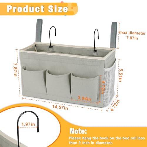 Lilithye Bedside Storage Organizer with Fixed Straps and Water Bottle Holder for Home, College, Dorm, Bunk / Hospital Bed, Crib Bed Rails (Grey) - color: Grey