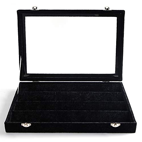 Frebeauty Earring Organizer Tray with Clear Lid 64 Slots Velvet Drawer Insert Earring Storage box with Transparent Glass lid Jewelry Display Case with lock Gifts for Women (Black, Earrings) - color: Black, size: 64 Slots