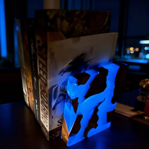 Glow in The Dark Bookends, Wood Bookends for Shelves,Blue Luminous Book Ends with Burl Wood and Resin,Decorative Book Stopper Binder and Dividers, Blue, Large,Unique Desk Decor for Home Office Library - color: Blue