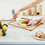 DEAYOU Bamboo Serving Tray with Handles, Marble Pattern Plastic Decorative Ottoman Tray, Large Serving Platter for Coffee Table, Breakfast, Dinner, Perfume, Kitchen Counter, Rectangle, 15.5"x11.5"