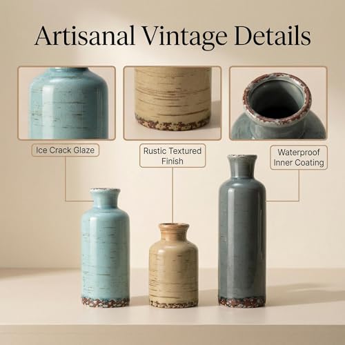 Vintage Ceramic Flower Vase Set of 3, Rustic Farmhouse Vase for Home Decor, Distressed Decorative Vase for Table Entryway Mantel Centerpiece Living Room Bathroom Bedroom (Gray Blue Stripe) - color: 107-gray Blue Stripe