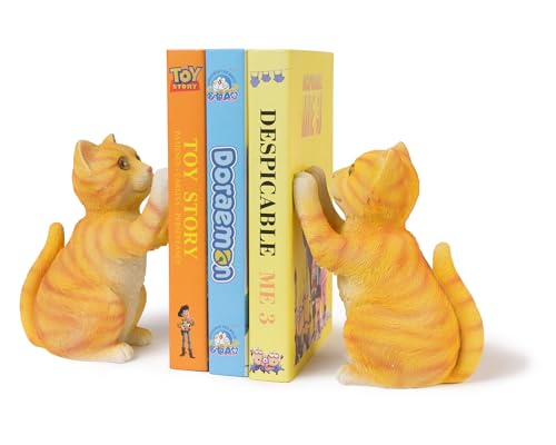 Cute Cat Bookends for Shelves, Heavy Duty Bookends, Decorative Bookends for Kids Books, Non-Skid Design, Orange Cat Statue Enthusiasts Gifts - color: Orange