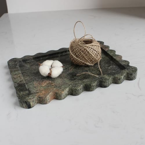 Natural Luxury Scalloped Marble Tray 10.8"x8", Rectangle Vanity Tray for Bathroom Kitchen Counter, Decorative Tray for Dresser Home Decor - Rainforest Green - color: Rainforest Green