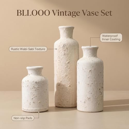 Vintage Ceramic Flower Vase Set of 3, Rustic Farmhouse Vase for Home Decor, Distressed Decorative Vase for Table Entryway Mantel Centerpiece Living Room Bathroom Bedroom (Distressed White) - color: 118--distressed White