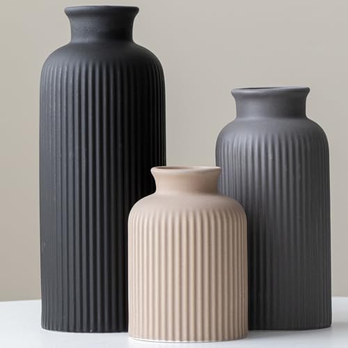 Large Modern Ceramic Vase Set, Black Ribbed Matte Finish, 3-Piece Decorative Vases for Home Living Room Office, 10 inch Tall, 4 inch Width (XL Black Mix) - color: XL Black Mix