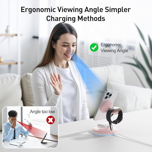 New 3 in 1 Charging Station for Apple Compatible with Magsafe Charger Stand for iPhone 17 16 15 14 13 12 Wireless Charging Station for AirPods Wireless Charger for iWatch Series - color: Pink