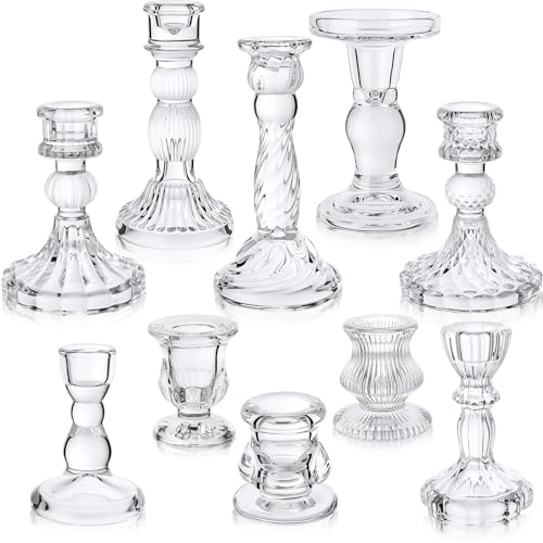 Mumufy 10 Pcs Glass Crystal Taper Candle Holders Clear Glass Candlestick Holder Fit 0.8 Inch Candles Crystal Decorative Candle Stand Centerpiece Table Wedding Dining Party (Classic,Clear) - color: Clear