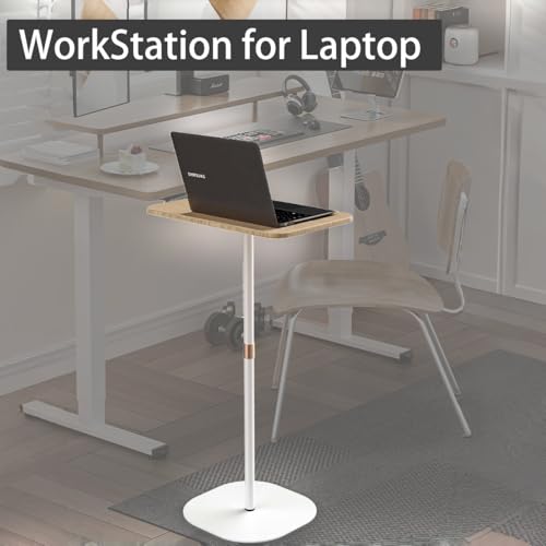 Small Laptop Standing Desk, 18“H - 46”H Adjustable Height Pedestal Side Table with Wooden Top, Portable Tall End Table, Stand-Up Desk for Bedside, Couch, Sofa, Living Room, Bedroom, Home Office, White - color: White