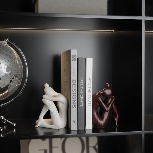 Decorative Bookends for Shelves, Unique Book Ends for Home Office Decor, Meditation Girl Statue Book Stopper for Bookshelf Decor, Modern Abstract Aesthetic Decoration White & Brown - style: Meditating Girls