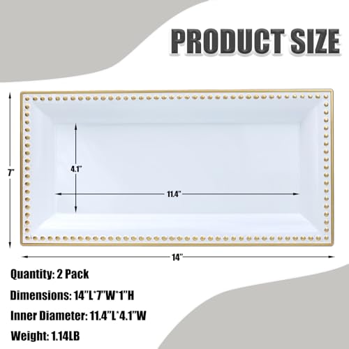 2 Pack White Bathroom Vanity Tray for Countertop with Beads, Small Plastic Toilet Tank Tray Versatile Storage Organization Tray for Makeup, Perfume, Desk, Kitchen, Candles, 14"x7"x1", 36W - color: 17white