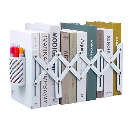 MSDADA Adjustable Bookends, Metal Book Ends for Heavy Books, Expandable Book Organizer with Pen Holder for Desk, Shelf, Office, The First Day of School Stationery Gift for Students,Teachers (White) - color: White