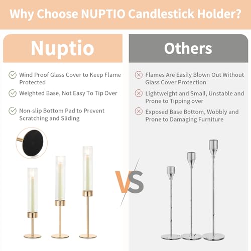 NUPTIO Tall Candlestick Holders for Centerpiece: Hurricane Candle Stick Holders with Ribbed Glass Sleeve - Gold Metal Candleholder Set of 3 for Table Fireplace Living Room Decor - color: Ribbed, size: 3pcs