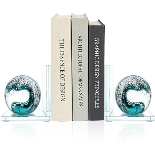 Decorative Bookends for Shelves, Hand Blown Ocean Crystal Ball Unique Bookends for Heavy Books, Office Desk Decor, Ideal for Ocean Lovers (Dark Green) - color: Dark Green