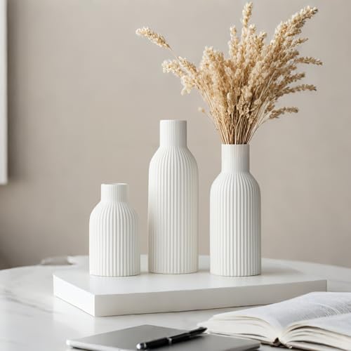 Modern Ceramic Vases Set of 3, White Ribbed Decorative Vases, Shelf Table Centerpiece for Home Decor, Birthday Gifts for Women, Mom, Grandma Decorative (White) - color: White