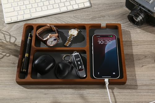 Shinpuru Wooden Valet Tray for Men, Nightstand Organizer with Leather Inlay, EDC Essentials Catchall Tray for Keys, Phone, Wallet, Watch, Earbuds - Bedside Desk Entryway Tray (Wood-Pen) - color: Brown-P