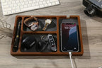 Shinpuru Wooden Valet Tray for Men, Nightstand Organizer with Leather Inlay, EDC Essentials Catchall Tray for Keys, Phone, Wallet, Watch, Earbuds - Bedside Desk Entryway Tray (Wood-Pen) - color: Brown-P