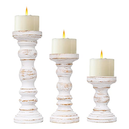 SWALLOWLIVING Rustic Farmhouse Wood Pillar Candle Holder Set of 3 for Candlestick, White - color: White