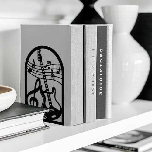 Peacoblue Metal Bookends for Shelves, Modern Decorative Heavy Duty Study Book Support Stoppers for Office, Desk, Shelf, Room 5.3"x4.3"x7.9" Cast Iron Tall Bookends, 1 Pair (Guitar and Music Note) - style: Guitar and Music Note