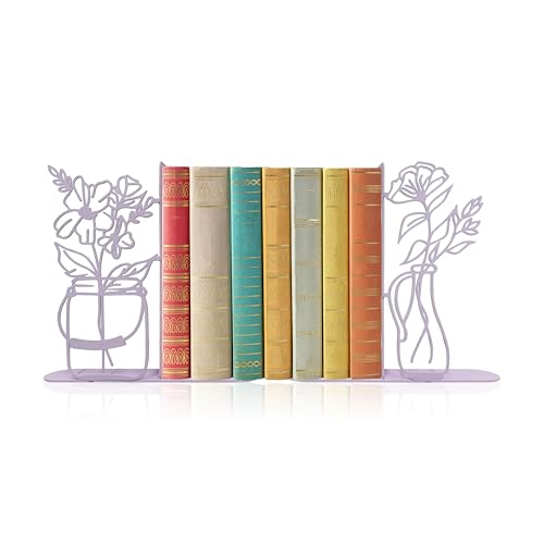 Flower Vase Bookends, Metal Decorative BookEnds for Shelves Cute Book Ends for Office Home Decor, Ideal Gift for Book Lovers (Purple) - color: Purple