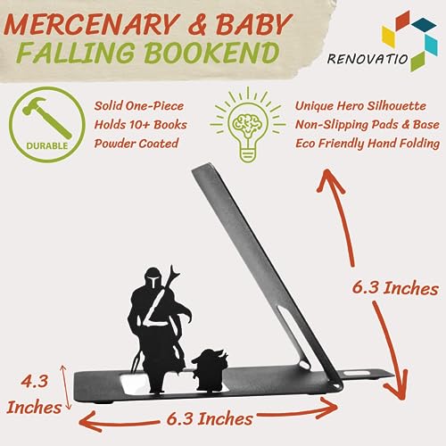 Renovatio Black Metal Bookend – Cute, Unique, Geeky Decor for Home, Office & Kids Room – Heavy Duty, Non-Slip Minimalist Bookends for Shelves – Mercenary & Baby - style: Mercenary