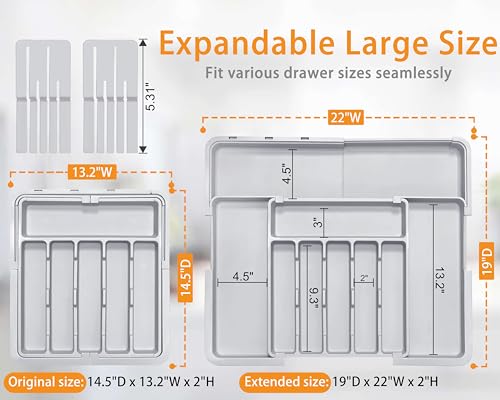 Silverware Drawer Organizer for Kitchen, Adjustable Utensil Drawer Organizer with 2 Knife Block, BPA Free Flatware and Cutlery Holder, Expandable Plastic Storage for Spoons Forks Knives(Grey) - color: Grey